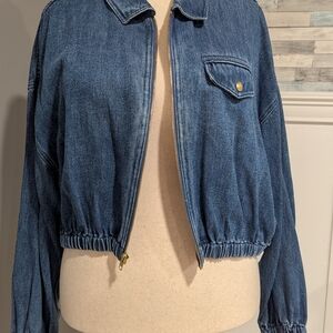 J. Crew Blue Cropped Jean Jacket Elastic Waist